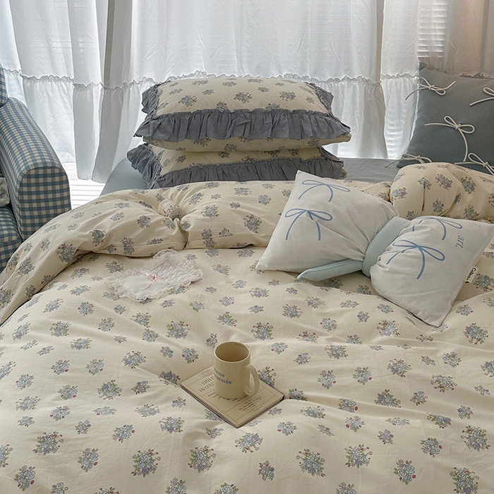 91家纺网 家纺一手货源 找家纺 昔可家纺 2024新款双层纱贴边全棉四件套 鸢尾蓝黛