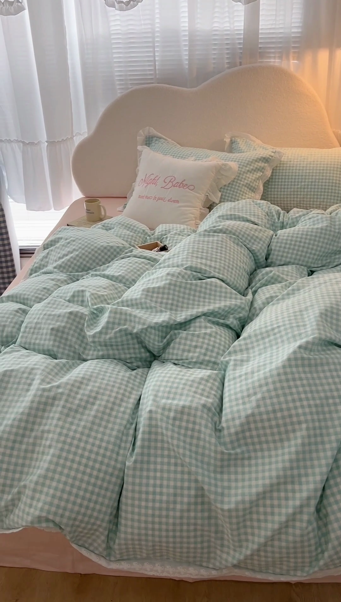 91家纺网 家纺一手货源 找家纺 昔可家纺 2024新款m1u系格子蕾丝花边四件套 森系绿格