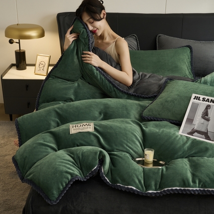 闲鱼家纺 2025新款高克重牛奶绒四件套水晶绒金貂法莱绒臻绒欧式包边系列（新拍图）-单被套 墨绿