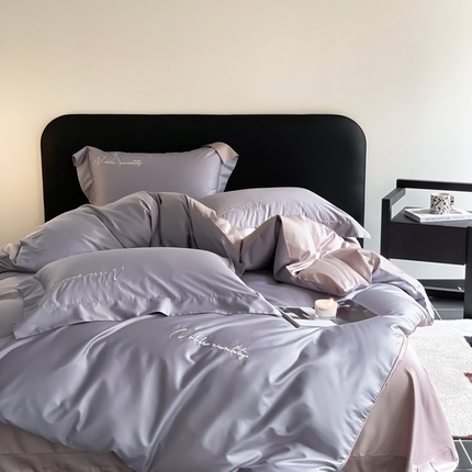 91家纺网 家纺一手货源 找家纺 （总）由丽家纺 2025新款贡缎纯色刺绣双拼隐形双面用四件套