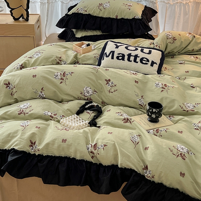 91家纺网 家纺一手货源 找家纺 昔可家纺 2024黑色贴边花边全棉款四件套 海瑟薇