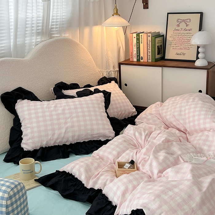 91家纺网 家纺一手货源 找家纺 （总）昔可家纺 2024黑色贴边花边款格子系列四件套