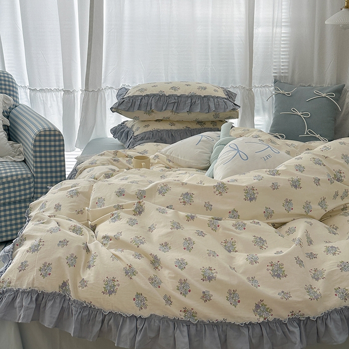 91家纺网 家纺一手货源 找家纺 昔可家纺 2024新款双层纱贴边全棉四件套 鸢尾蓝黛