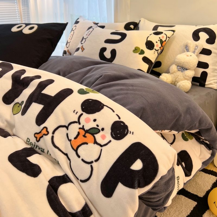 91家纺网 家纺一手货源 找家纺 2024新款原创小清新牛奶绒印花四件套 嗨皮狗