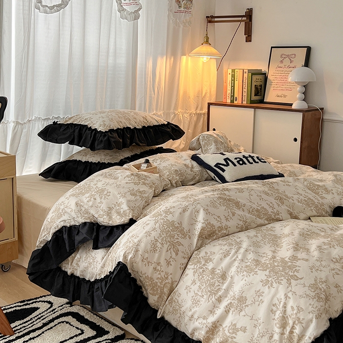 91家纺网 家纺一手货源 找家纺 （总）昔可家纺 2024黑色贴边花边全棉款四件套