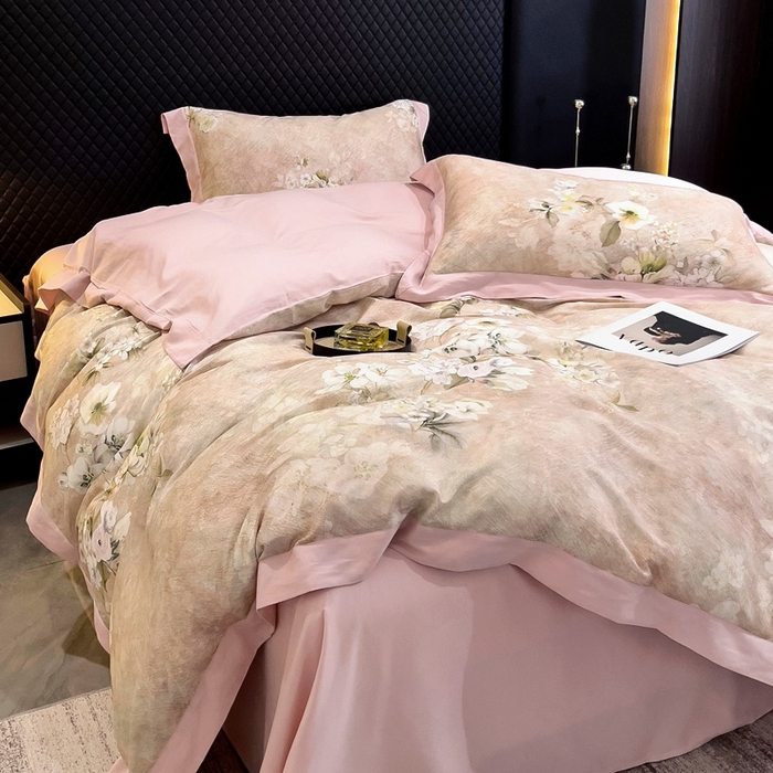 91家纺网 家纺一手货源 找家纺 氧家 2024新款数码印花天丝磨毛艾阳绒四件套 语蓉粉