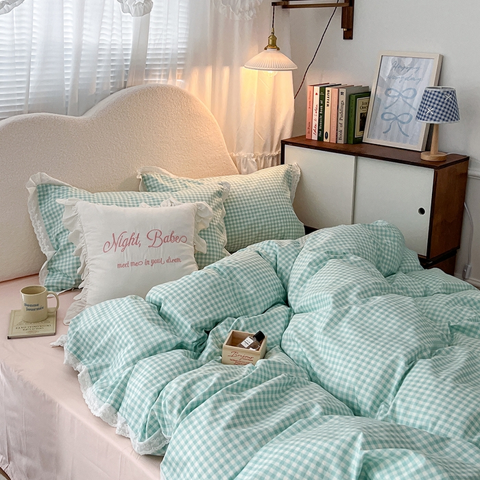 91家纺网 家纺一手货源 找家纺 昔可家纺 2024新款m1u系格子蕾丝花边四件套 森系绿格