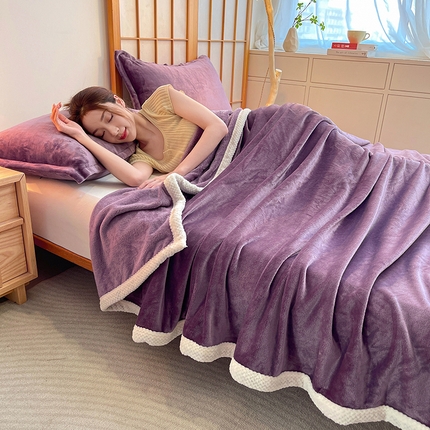 千荨 2024新款亲肤舒适高克重双面牛奶绒纯色毛毯 牛奶绒-深紫色