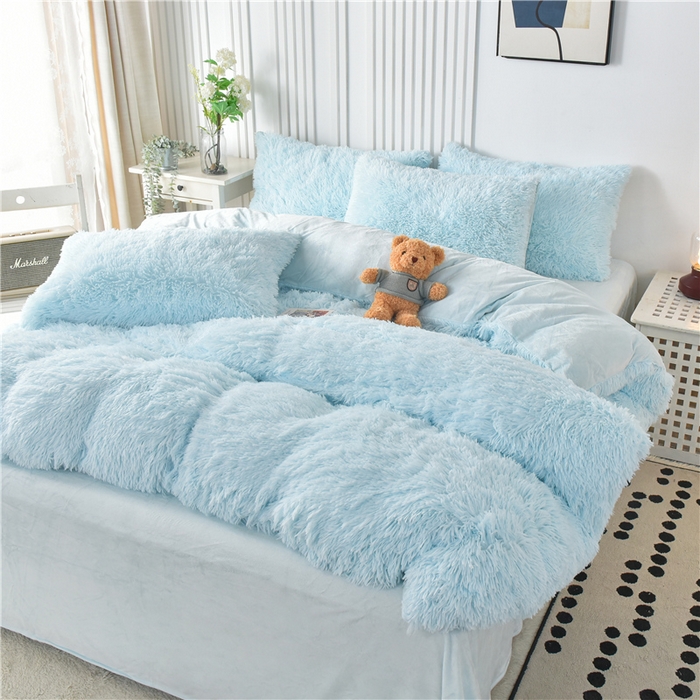 91家纺网 家纺一手货源 找家纺 鑫喜莱 2024新款长毛绒四件套 天蓝