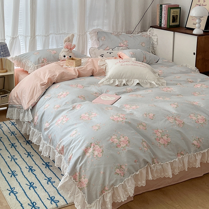 91家纺网 家纺一手货源 找家纺 昔可家纺 2024新款仙仙蕾丝贴边全棉花边款四件套 粉樱花蕾