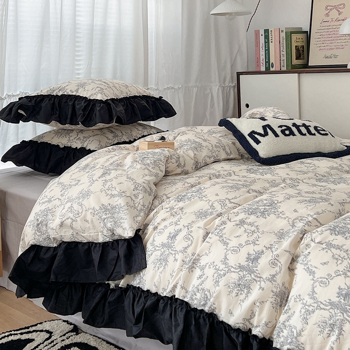 91家纺网 家纺一手货源 找家纺 昔可家纺 2024黑色贴边花边全棉款四件套 香榭假日