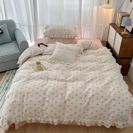 昔可家纺 2024蕾丝双层花边款全棉四件套 小椿芽