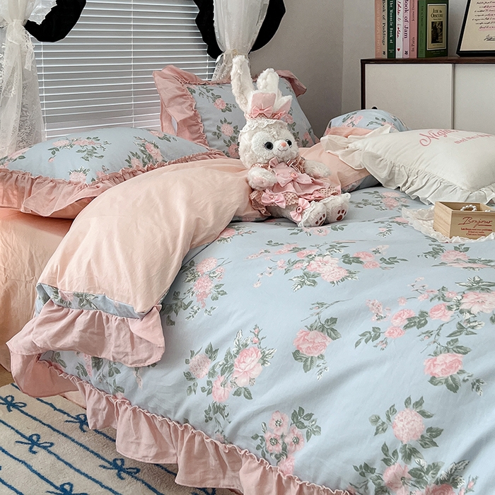 91家纺网 家纺一手货源 找家纺 昔可家纺 2024新款双层纱贴边全棉四件套 西曼蔷薇