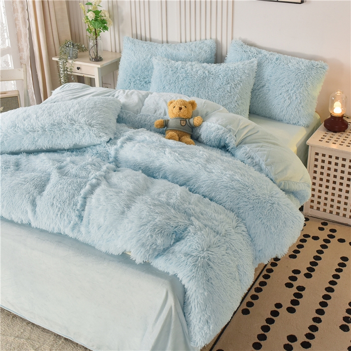 91家纺网 家纺一手货源 找家纺 鑫喜莱 2024新款长毛绒四件套 天蓝