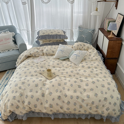 昔可家纺 2024新款双层纱贴边全棉四件套 鸢尾蓝黛