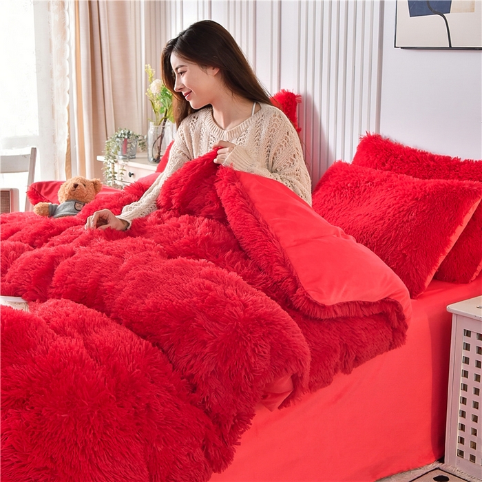 91家纺网 家纺一手货源 找家纺 鑫喜莱 2024新款长毛绒四件套 大红