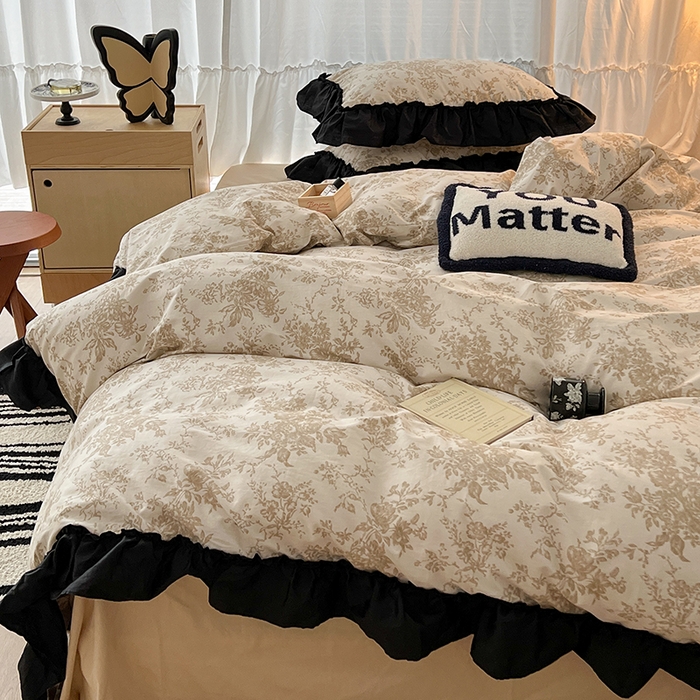 91家纺网 家纺一手货源 找家纺 （总）昔可家纺 2024黑色贴边花边全棉款四件套