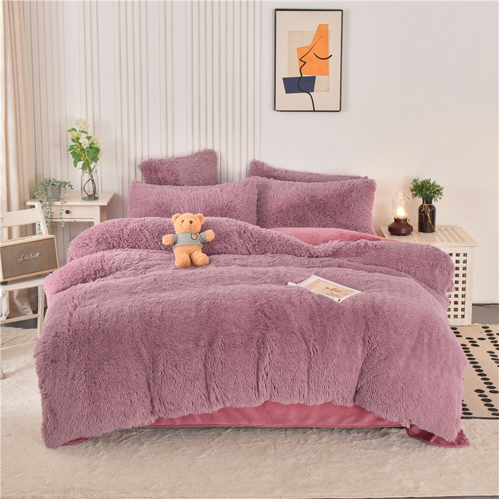 91家纺网 家纺一手货源 找家纺 鑫喜莱 2024新款长毛绒四件套 豆沙