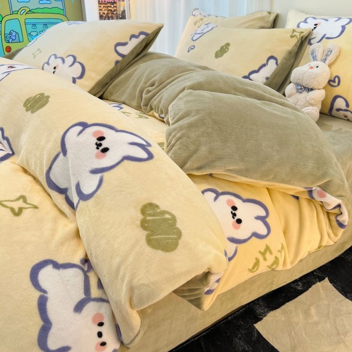 91家纺网 家纺一手货源 找家纺 2024新款原创小清新牛奶绒印花四件套 兔宝宝