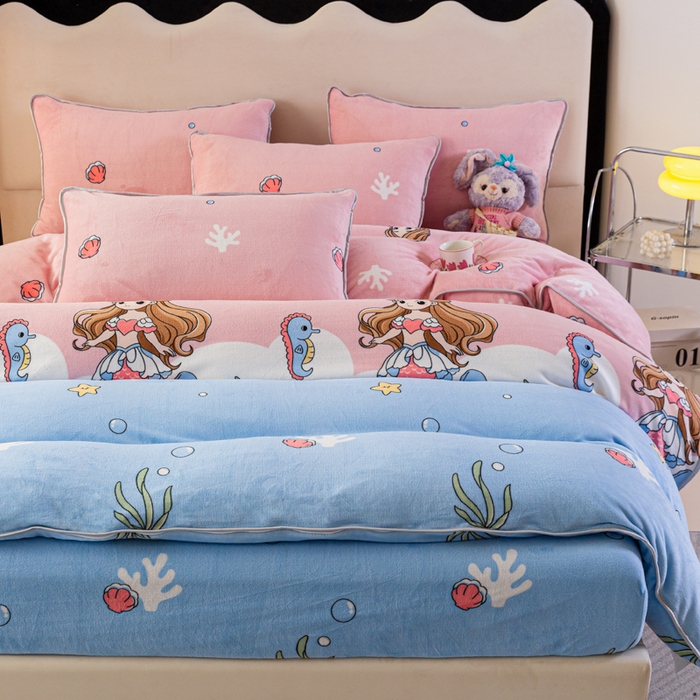 91家纺网 家纺一手货源 找家纺 欧喜璐 2024年新款 8.5-9.5斤加厚牛奶绒金貂绒法莱绒四件套单被套 海底世界