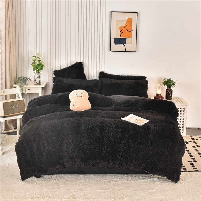 91家纺网 家纺一手货源 找家纺 鑫喜莱 2024新款长毛绒四件套 黑色
