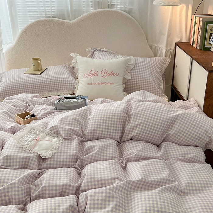 91家纺网 家纺一手货源 找家纺 昔可家纺 2024新款m1u系格子蕾丝花边四件套 奶油紫格