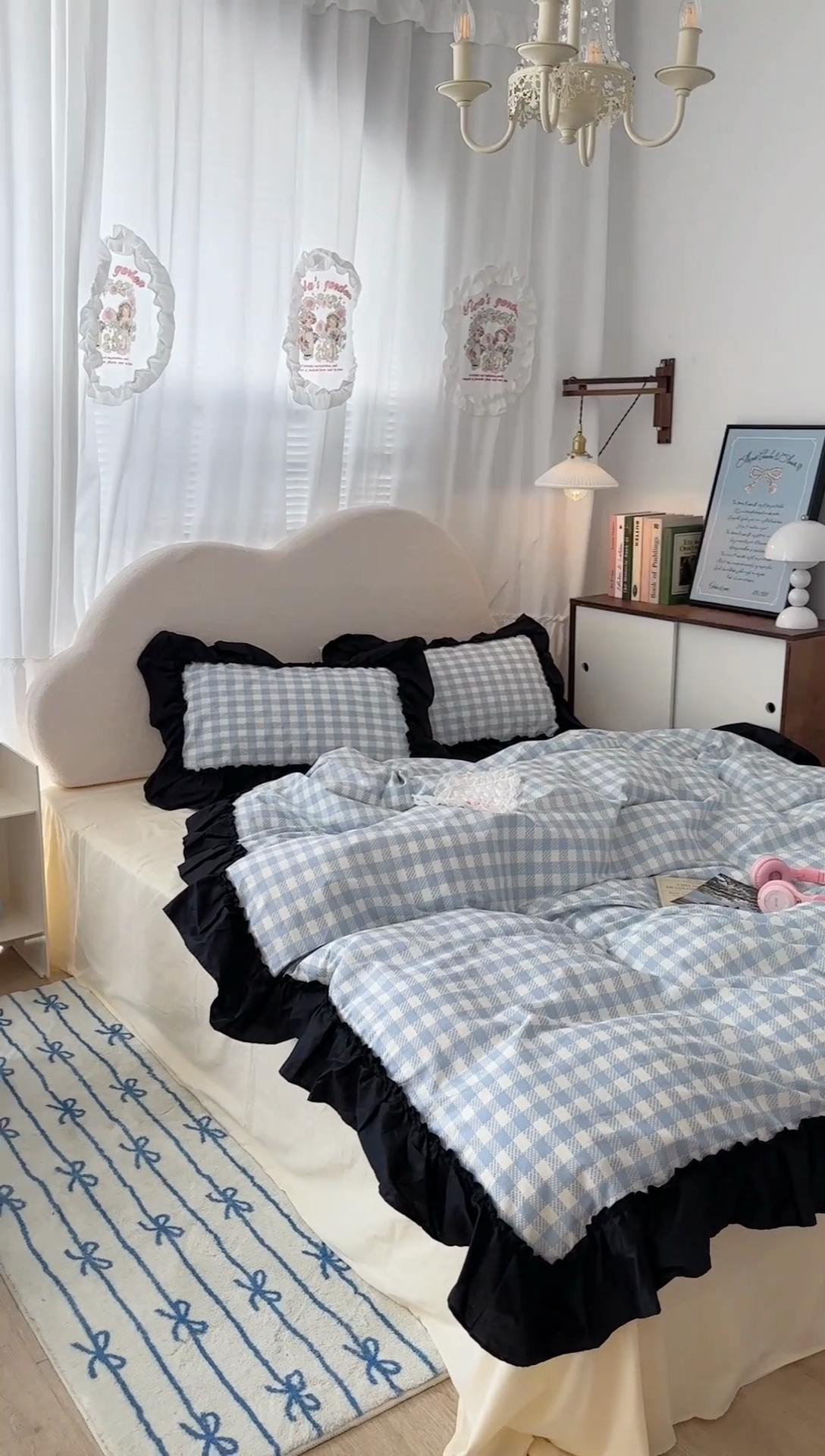 91家纺网 家纺一手货源 找家纺 昔可家纺 2024黑色贴边花边款格子系列四件套 缪缪蓝格