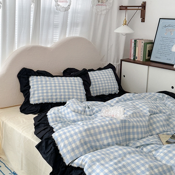 91家纺网 家纺一手货源 找家纺 昔可家纺 2024黑色贴边花边款格子系列四件套 缪缪蓝格