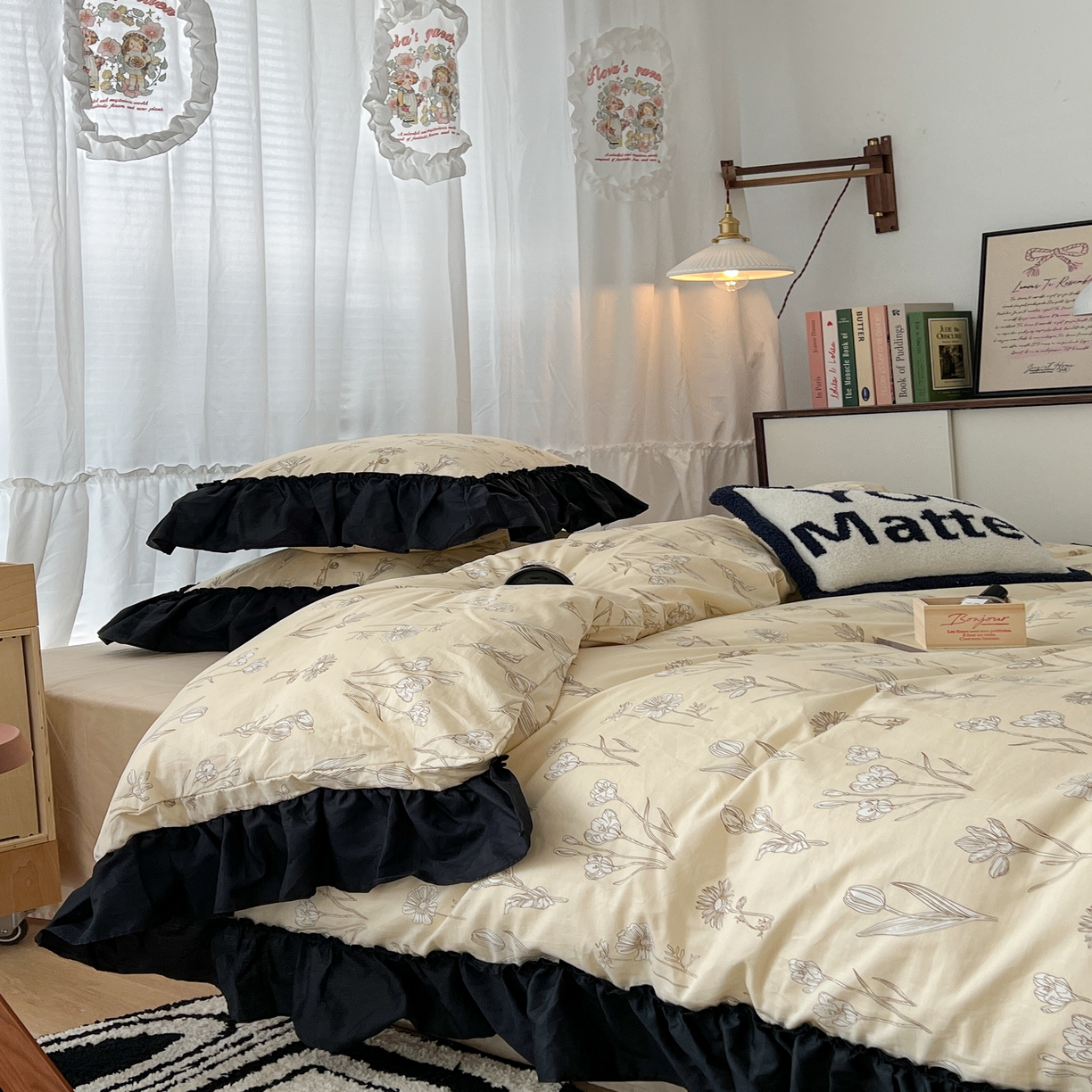 91家纺网 家纺一手货源 找家纺 昔可家纺 2024黑色贴边花边全棉款四件套 水墨栖语