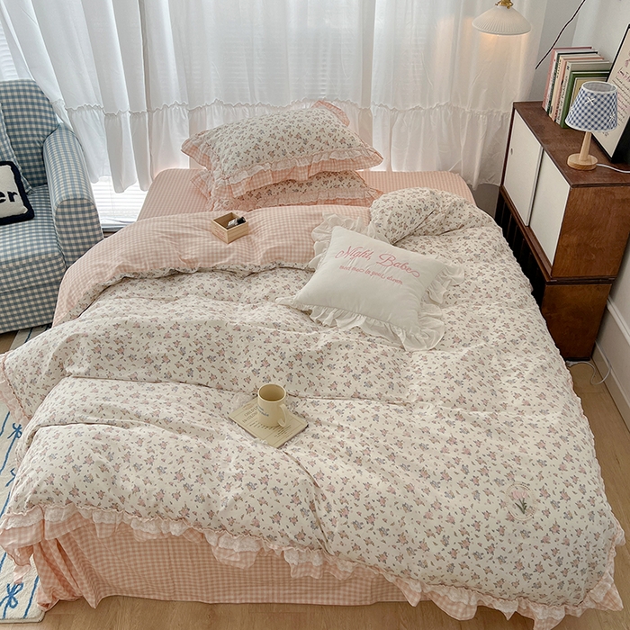 91家纺网 家纺一手货源 找家纺 昔可家纺 2024蕾丝双层花边款全棉四件套 春鹭杏花