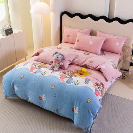 91家纺网 家纺一手货源 找家纺 欧喜璐 2024年新款 8.5-9.5斤加厚牛奶绒金貂绒法莱绒四件套单被套 海底世界