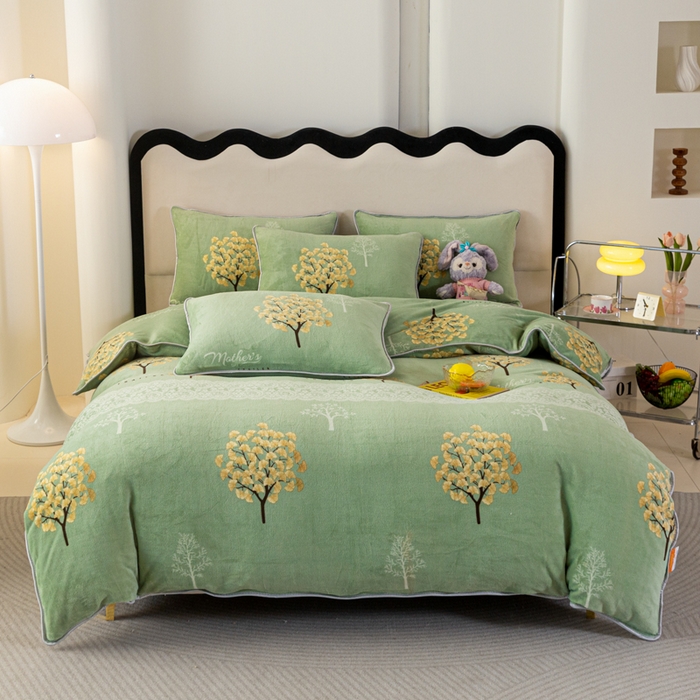 91家纺网 家纺一手货源 找家纺 欧喜璐 2024年新款 8.5-9.5斤加厚牛奶绒金貂绒法莱绒四件套单被套 银杏树