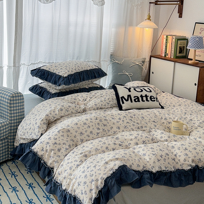 91家纺网 家纺一手货源 找家纺 昔可家纺 2024新款双层纱贴边全棉四件套 复古小蓝花