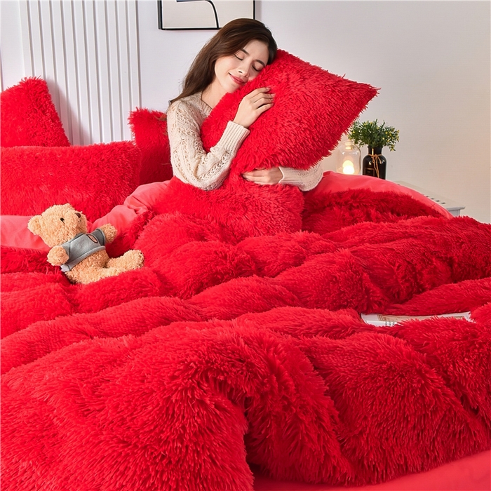 91家纺网 家纺一手货源 找家纺 鑫喜莱 2024新款长毛绒四件套 大红