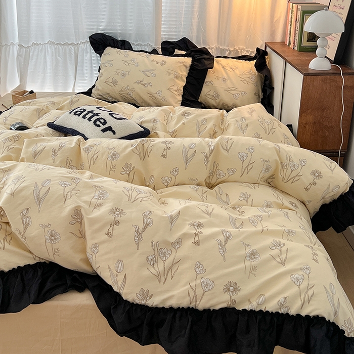 91家纺网 家纺一手货源 找家纺 昔可家纺 2024黑色贴边花边全棉款四件套 水墨栖语