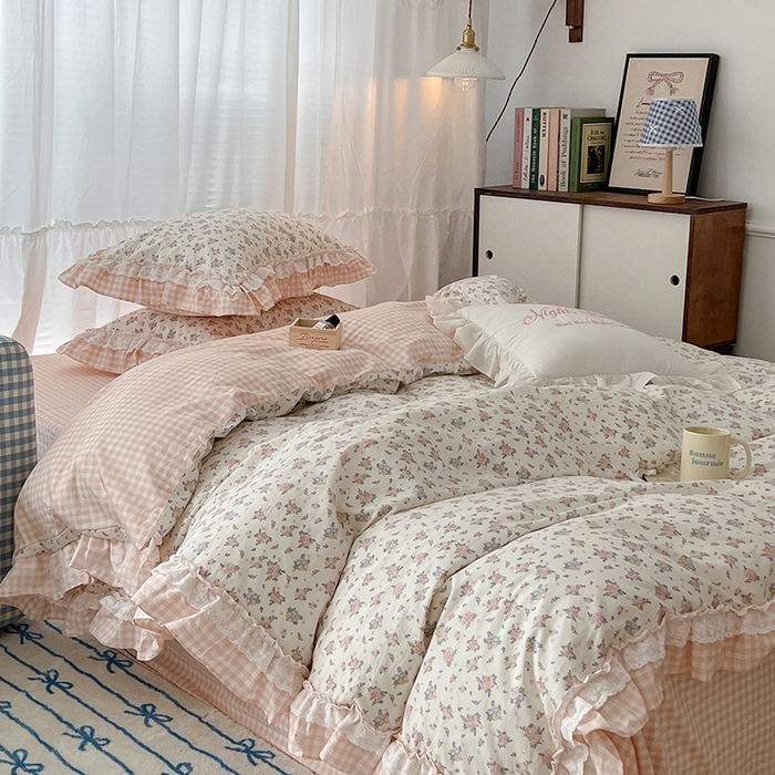 91家纺网 家纺一手货源 找家纺 昔可家纺 2024蕾丝双层花边款全棉四件套 春鹭杏花