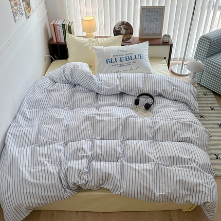 昔可家纺 2024新款竖条全棉四件套大版枕套系列 盐系蓝条纹