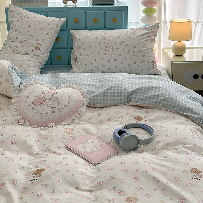 91家纺网 家纺一手货源 找家纺 昔可家纺 2024新款小卡通13372亲肤四件套 小碎花狗狗