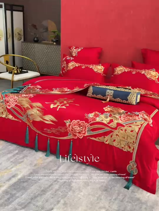 91家纺网 家纺一手货源 找家纺 宏羽纺家纺 2024新款高支高密纯棉提花婚庆套件系列（控价680）富贵牡丹