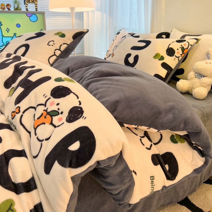 91家纺网 家纺一手货源 找家纺 2024新款原创小清新牛奶绒印花四件套 嗨皮狗