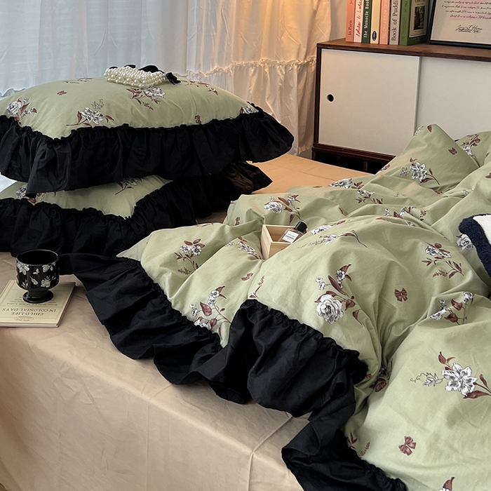 91家纺网 家纺一手货源 找家纺 昔可家纺 2024黑色贴边花边全棉款四件套 海瑟薇