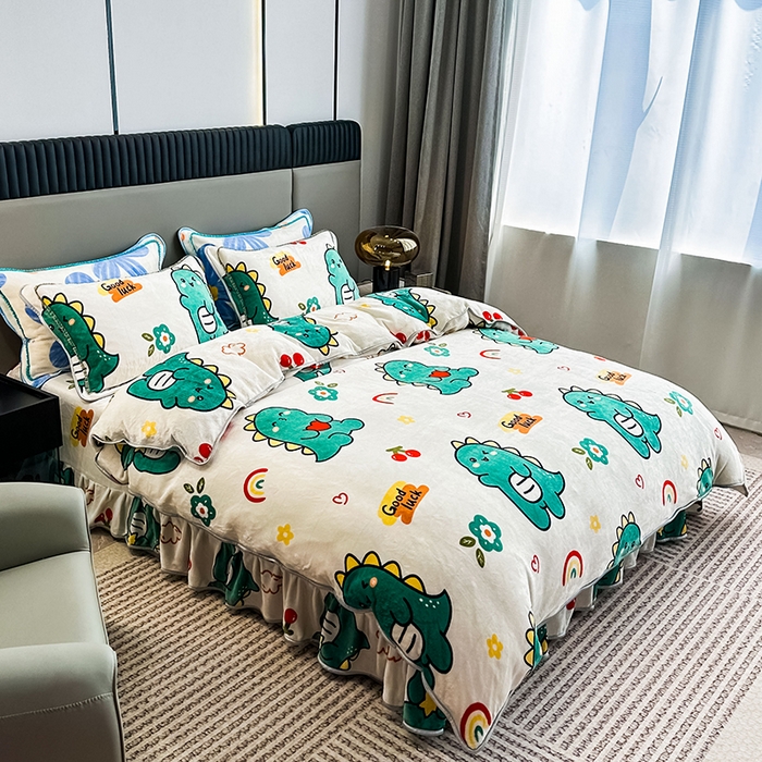 91家纺网 家纺一手货源 找家纺 欧喜璐 2024年新款 8.5-9.5斤加厚牛奶绒金貂绒法莱绒四件套单被套 小恐龙