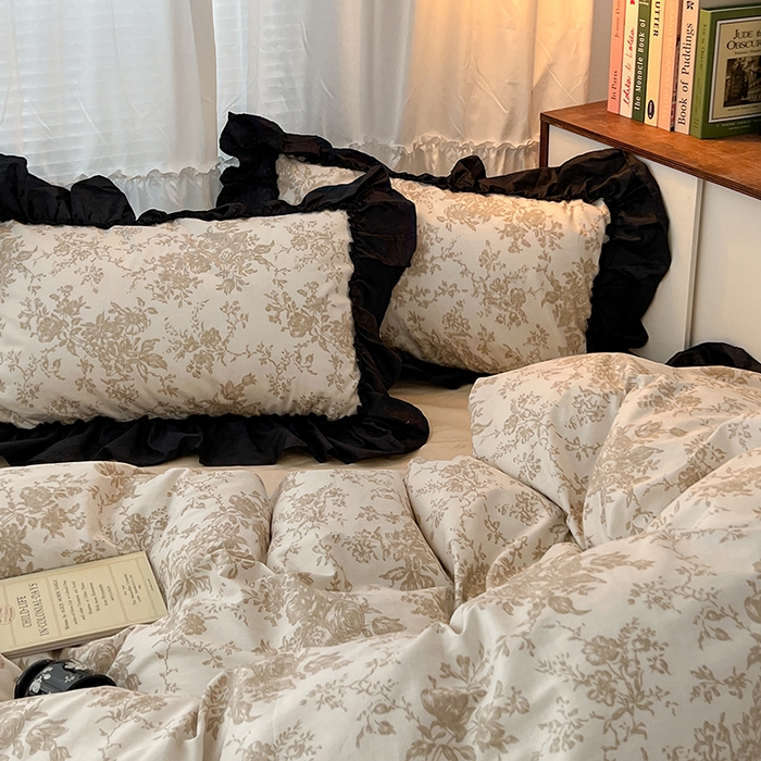 91家纺网 家纺一手货源 找家纺 昔可家纺 2024黑色贴边花边全棉款四件套 南枝树影