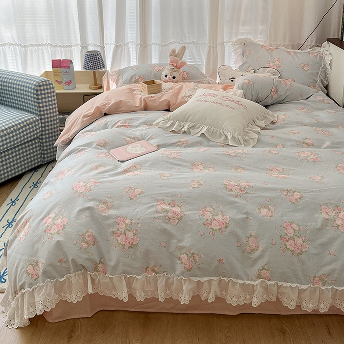 91家纺网 家纺一手货源 找家纺 昔可家纺 2024新款仙仙蕾丝贴边全棉花边款四件套 粉樱花蕾