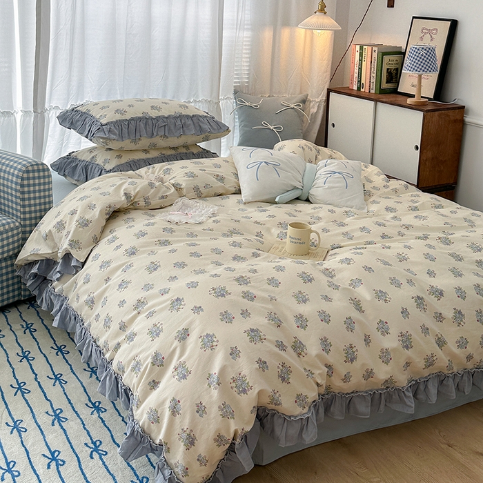 91家纺网 家纺一手货源 找家纺 昔可家纺 2024新款双层纱贴边全棉四件套 鸢尾蓝黛