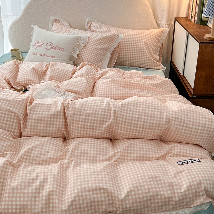 91家纺网 家纺一手货源 找家纺 昔可家纺 2024新款m1u系格子蕾丝花边四件套 甜心粉格