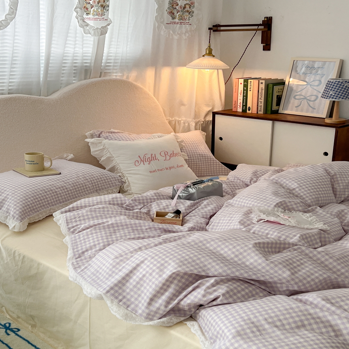 91家纺网 家纺一手货源 找家纺 昔可家纺 2024新款m1u系格子蕾丝花边四件套 奶油紫格