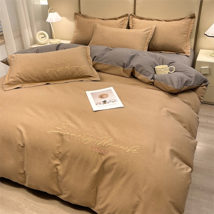 91家纺网 家纺一手货源 找家纺 （总）菲梵 2025新款纯色双拼全棉加厚磨毛刺绣款-四件套（提供买家秀）