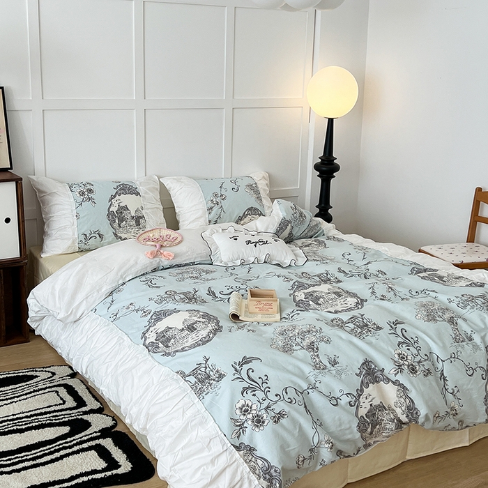 91家纺网 家纺一手货源 找家纺 昔可家纺 2024新款韩版花边工艺款四件套 复古城堡