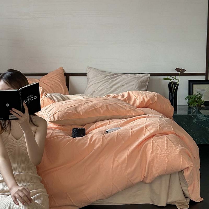 91家纺网 家纺一手货源 找家纺 2024新款全棉提花四件套-V克托瑞 桃橘色